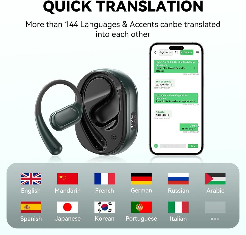Переводчик на 144 языка Наушники-вкладыши Акценты Онлайн-перевод Наушники Устройство с поддержкой приложения Музыка Звонки Синхронный перевод Bluetooth 5.4