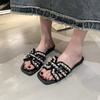 Мода 2025 Летняя Мода Новые Сексуальные Повседневные Удобные Однотонные Хрустальные Сандалии Квадратный Носок Плоский Каблук Шлепанцы Zapatos Mujer