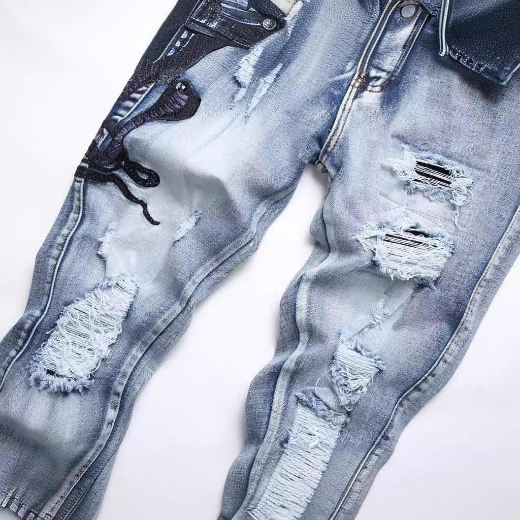 Европейские мужские джинсы с вышивкой «Синяя кобра» облегающего кроя