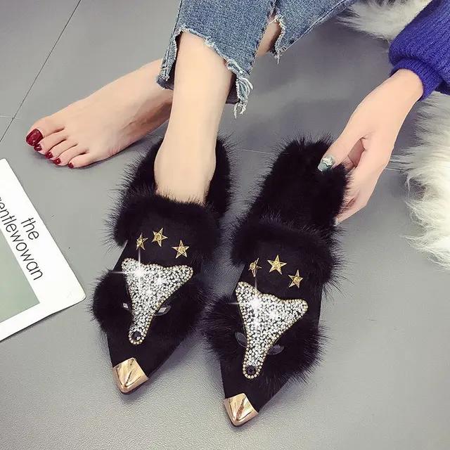 Women Ankle Boots Crystal Fox Head Boots Winter Fashion Metal Pointed Toe Fluffy Plush High Heel Ladies Wedding Party Shoes