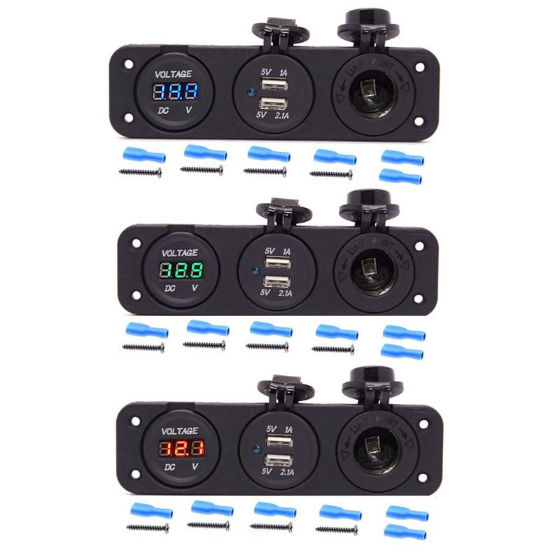 Автомобильные аксессуары - трехфункциональное зарядное устройство с двумя USB-портами + светодиодный вольтметр + панель розеток 12 В, перезаряжаемый адаптер питания, подходящий для аксессуаров для яхт и автомобилей