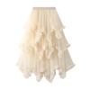 Women Cake Skirt Mid-rise Elastic Waist Irregular Hem Midi Skirt Solid Color Mesh Swing Long Skirt Daily Wear