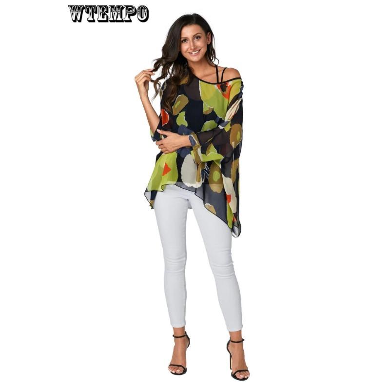 WTEMPO Женская летняя рубашка с цветочным принтом и рукавами «летучая мышь», топ, шифоновое пончо, повседневная свободная блузка