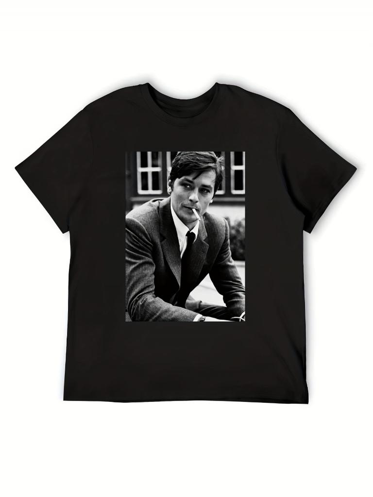 Cyberpunk Tshirt For Unisex Featuring Alan Delongs Iconic Smoking Portrait Tshirt Retro French Actor Facial Print