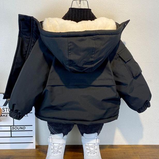 Kids Boys Plush Warm Jacket Hooded Casual Autumn and Winter Thick Cotton Jacket Children's Baby Clothing Style Cotton Jacket