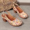 Ladies' Retro Round Toe Shallow Mouth Fashionable Printed Thick Heel High-heeled Single Shoe with A Straight Buckle Strap