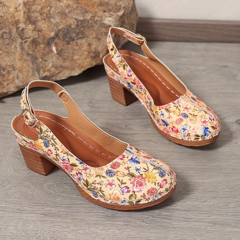 Ladies' Retro Round Toe Shallow Mouth Fashionable Printed Thick Heel High-heeled Single Shoe with A Straight Buckle Strap