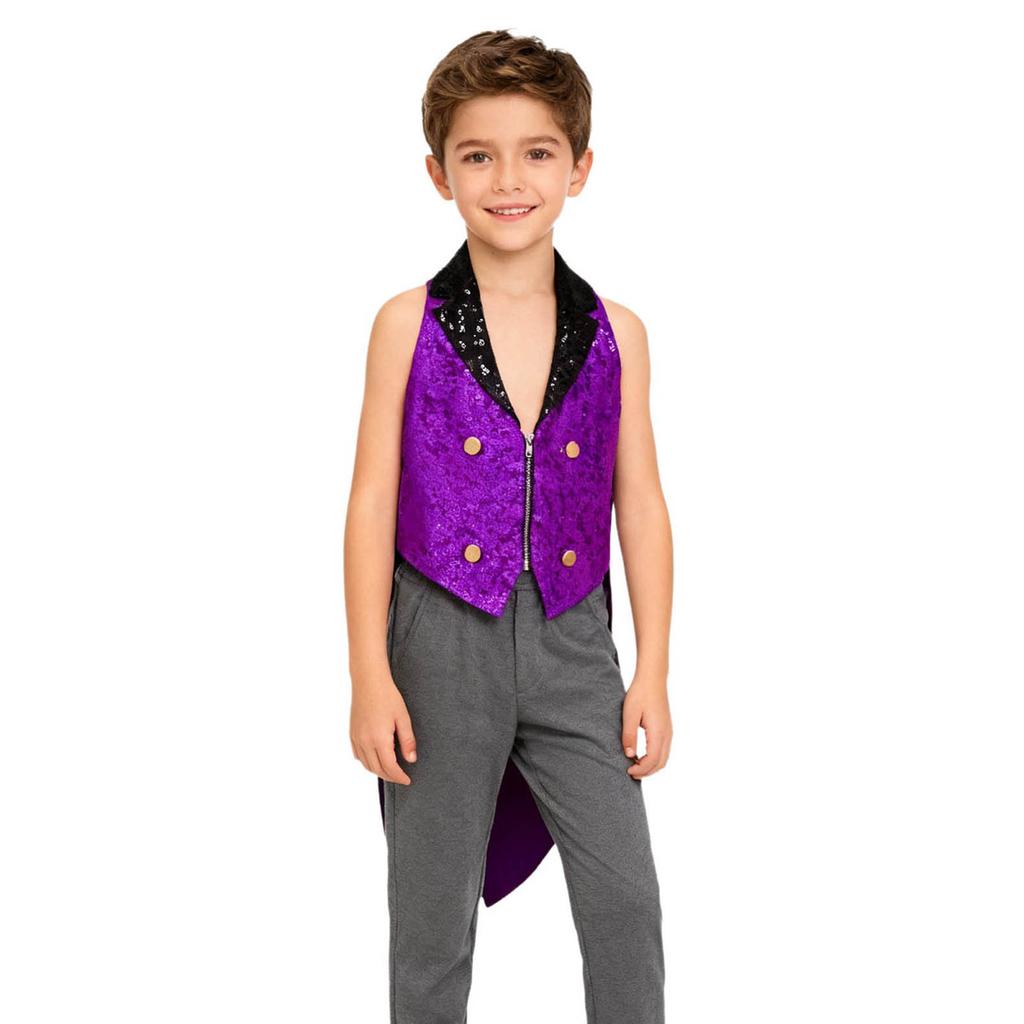 Boys Sparkly Sequins Medieval Vest Front Zip Victorian Waistcoat Circus Tailcoat Halloween Costume