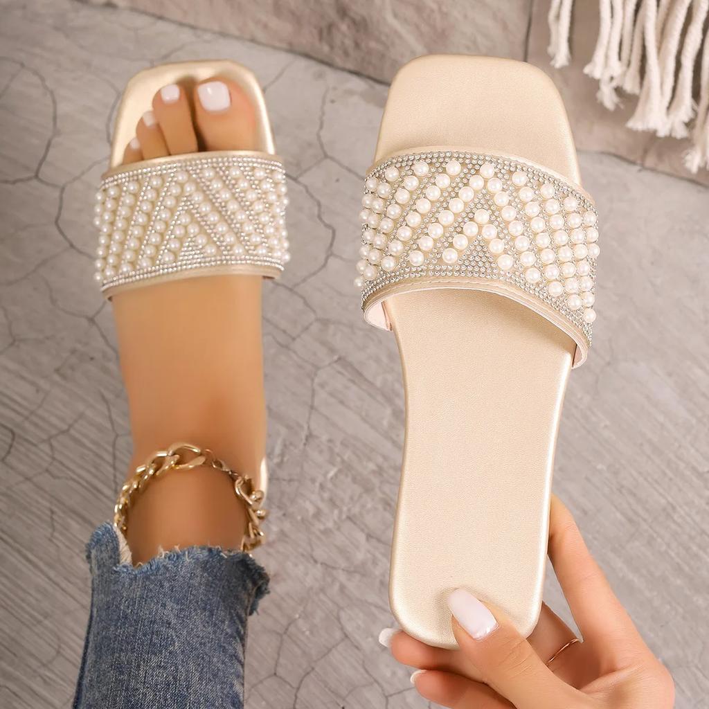 Fashion New Small Fragrant Style Flat Bottomed Plus Size Slippers for Women Square Headed Rhinestone Pearl Fashionable Casual Slippers