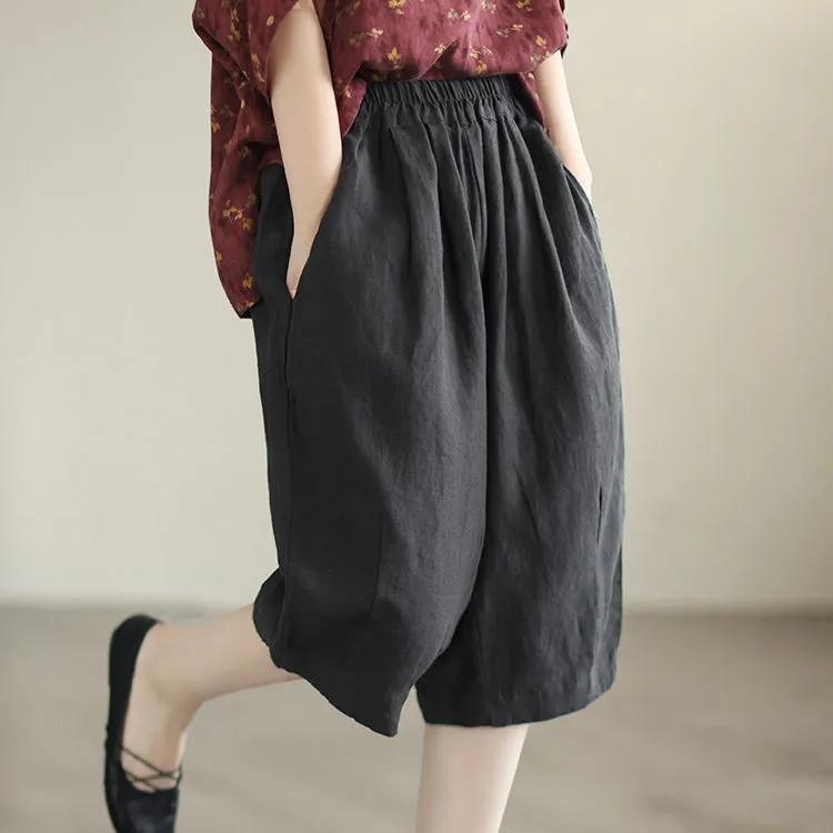 Литературные ретро-хлопковые и льняные однотонные простые повседневные брюки женские летние брюки с эластичной резинкой на талии большого размера с пятью точками