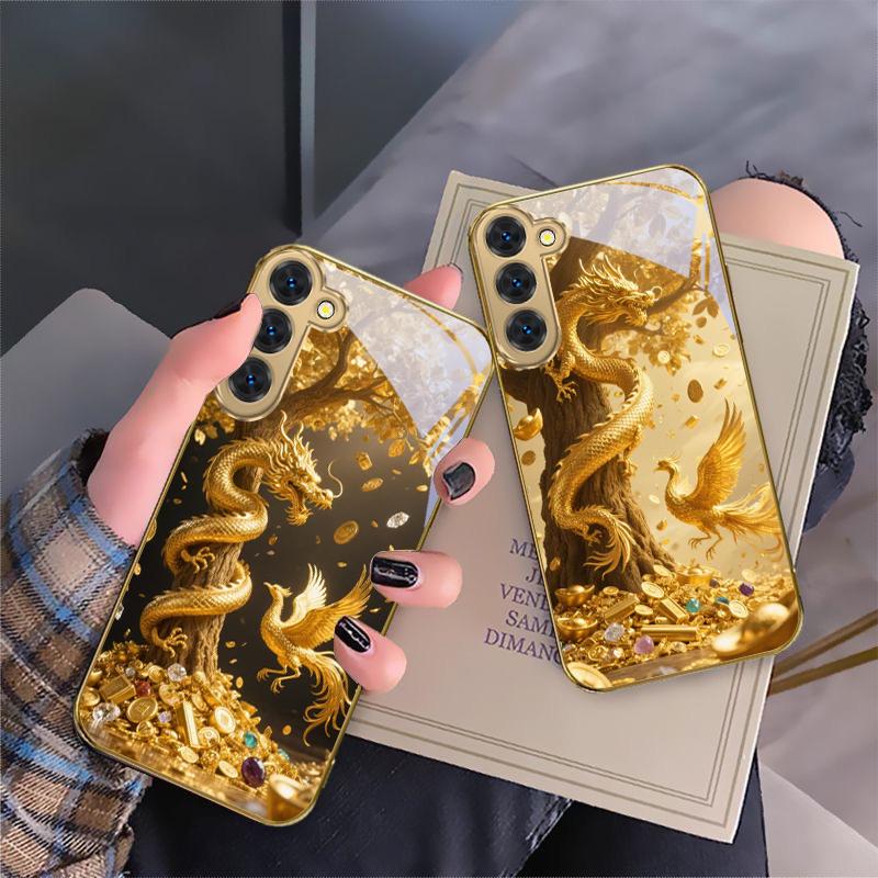 Золотой Дракон Сворачивается Для Samsung Galaxy S20 FE S21 S22 S23 Plus S24 Ultra S25Ultra S21+ S9+ S22Plus Золотой стеклянный чехол для телефона
