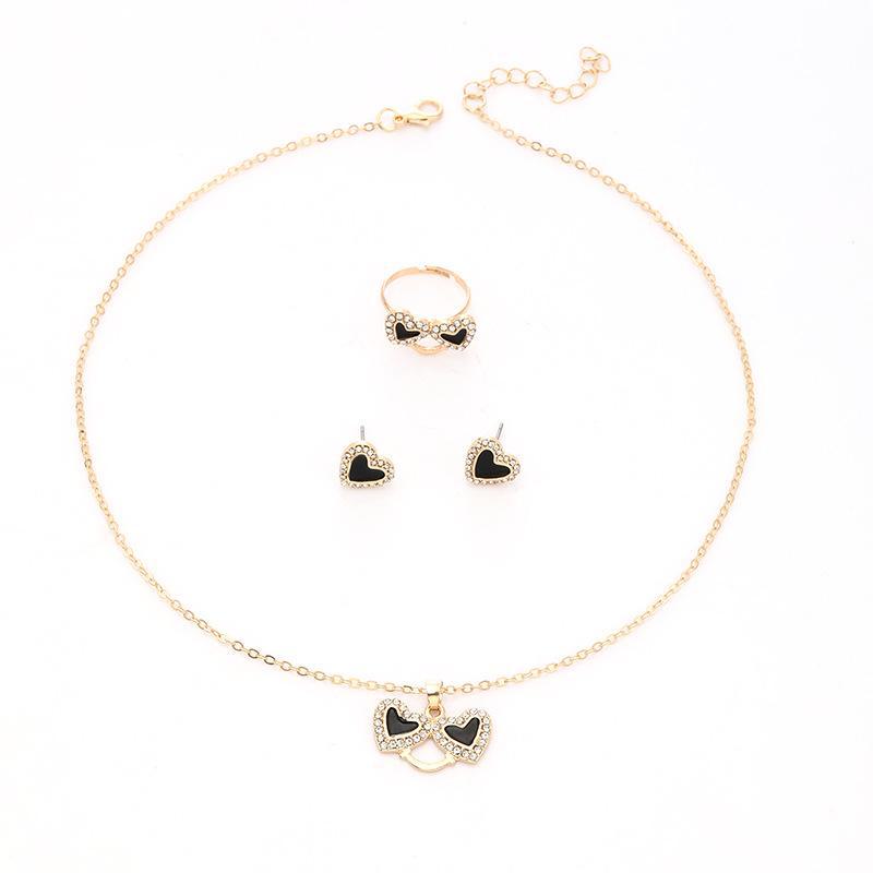 Temu Oil-Drop Heart Jewelry Set: Diamond-Studded Smiley Necklace with Trendy Peach Heart Ring & Earrings for Women