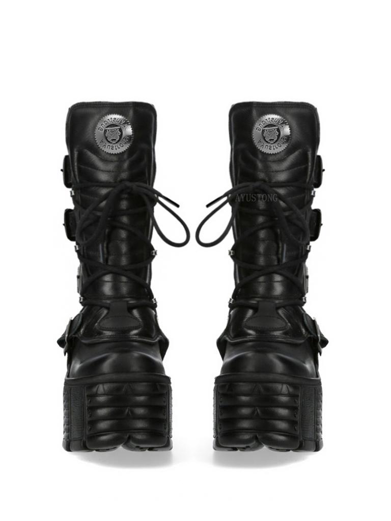 Fashion Gothic Platform Ankle Boots Spanish Rock Punk Chunky Heel Motorcycle Boots with Chains Streetwear Combat Boots for Women's