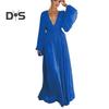 Women Evening Dress Deep V Neck Pleated Long Sleeves Solid Color High Waist Vacation Beach Party Maxi Dress Prom Long Dress