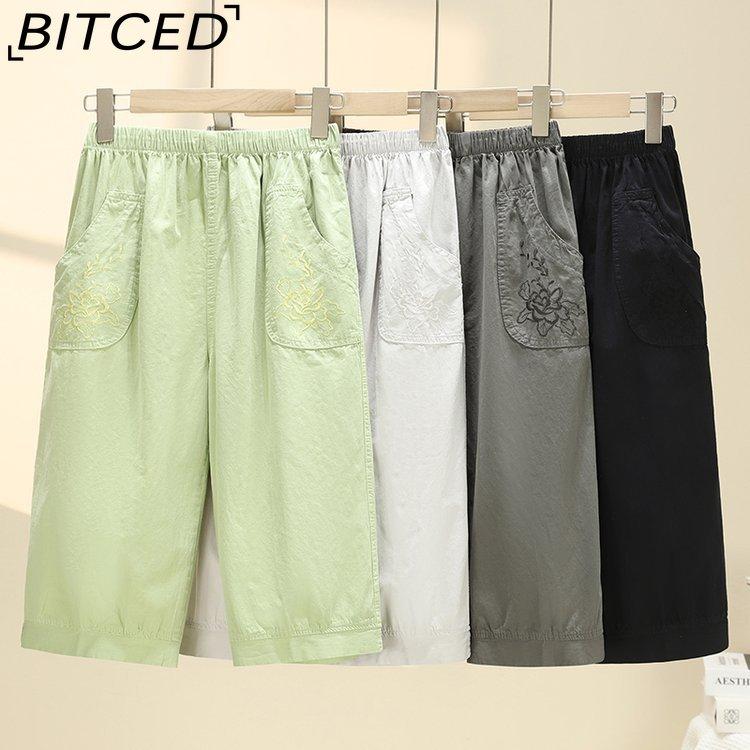 BITCED Летние женские брюки прямого кроя с эластичной талией, для женщин среднего и пожилого возраста, с высокой посадкой, из стираного хлопка, укороченные брюки больших размеров