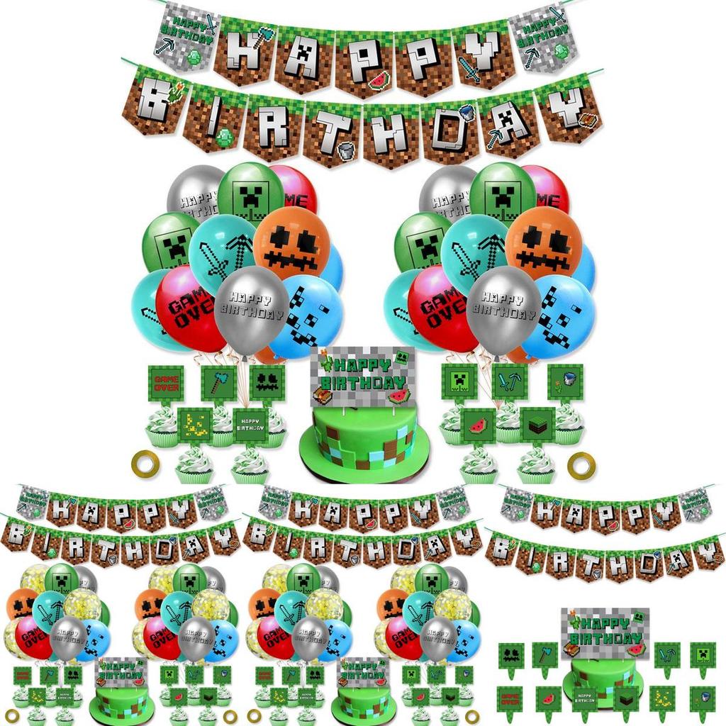 Украшения для дня рождения в стиле Майнкрафт Набор «С Днем рождения» с воздушными шарами и баннером