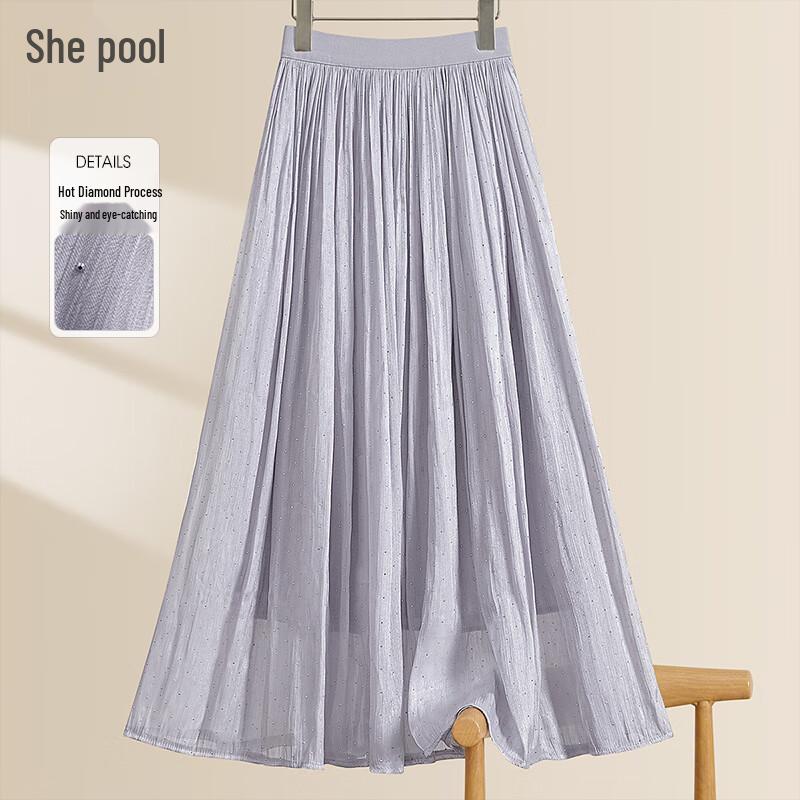 Shechi Gentle Hot Drill Elastic Waist A-line Midi Skirt