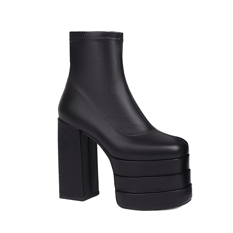 Большого размера квадратный носок трехслойная ультравысокая платформа вырезы толстые каблуки популярная мода короткие ботинки молния женские ботинки