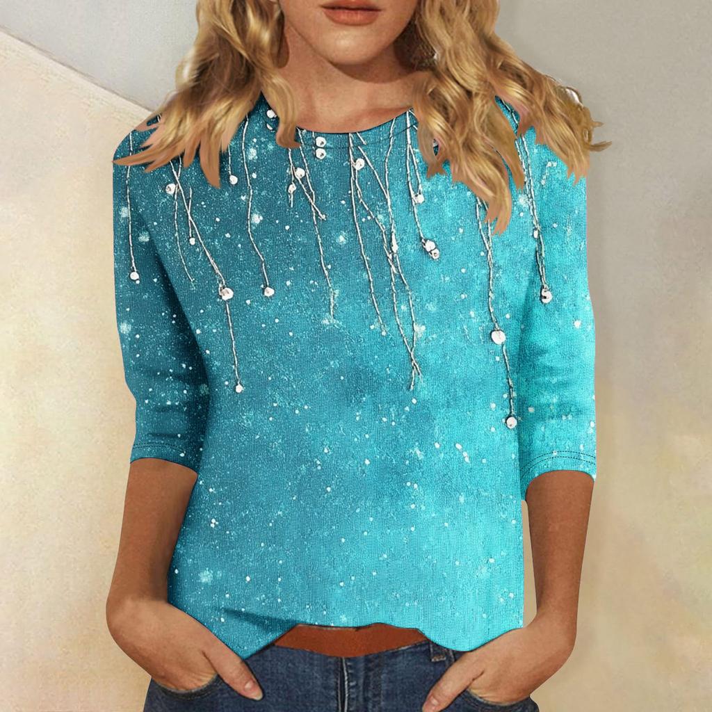 Женская мода повседневная три четверти рукава цветочный принт горловина топ