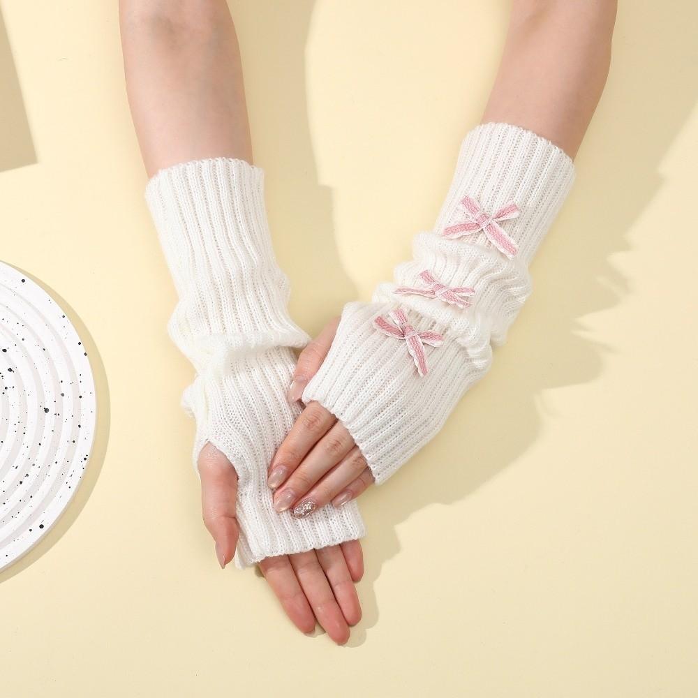 Y2K Bow Fingerless Gloves Thicken Hands Free Gloves Fashion Long Knit Arm Warmers Autumn