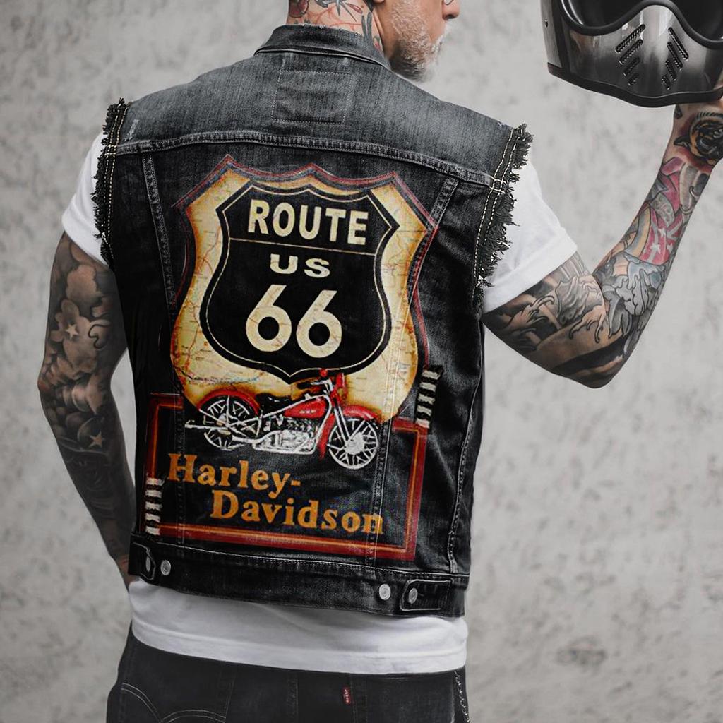 2284 * Retro Motorcycle Print Sleeveless Denim Jacket Denim Vest Men's Motorcycle Casual Style