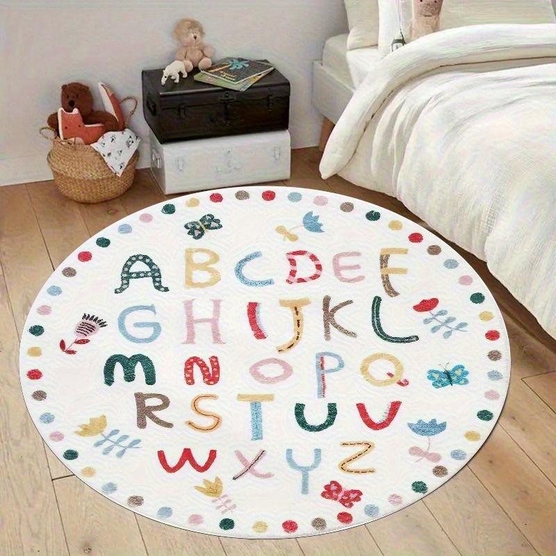 Colorful ABC Letters Flowers Round Rug Flannel Kids Learning Play Mat Non Slip Nursery School Room Educational Fun Floor Cover
