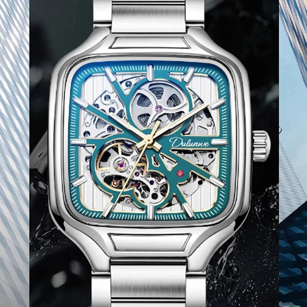 Dulunwe Квадратный циферблат светящиеся автоматические механические часы скелетон часы мужские модные наручные часы из нержавеющей стали