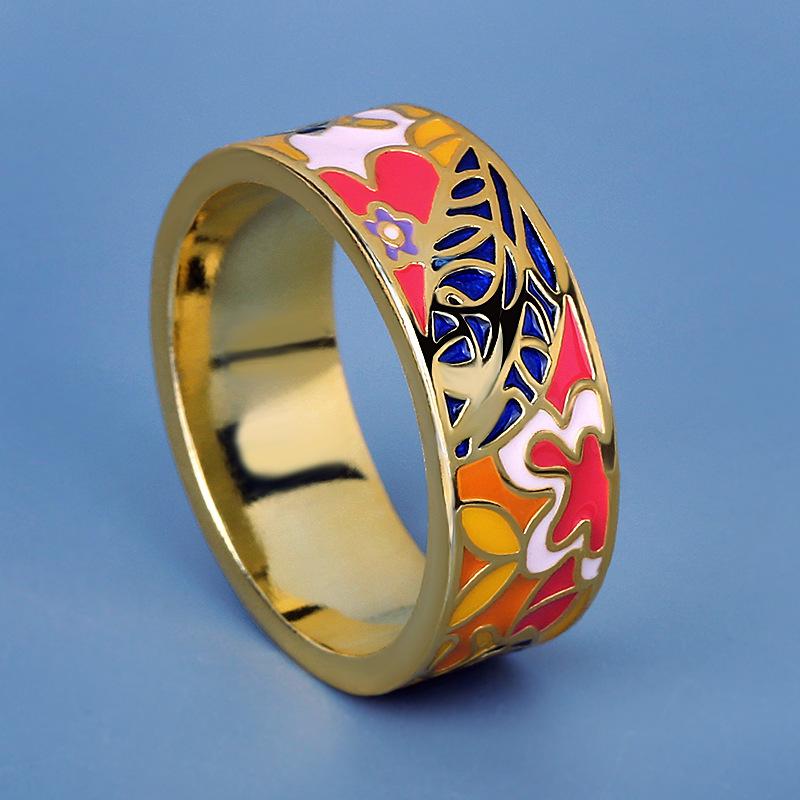 Korean Style Geometric Floral Pastoral Japanese Colored Glue Drop Enamel Ring for Women