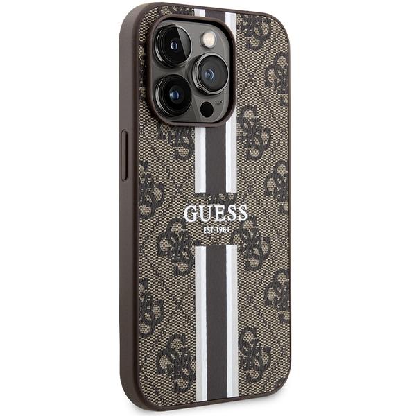 Чехол для iPhone 15 Pro Guess MagSafe с принтом в полоску, коричневый