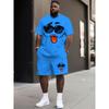 2pcs Men's Casual Round Neck T-Shirt and Shorts Set 3D Cartoon Face Print Vibrant Blue Polyester T-Shirt Short Sleeve Round Neck