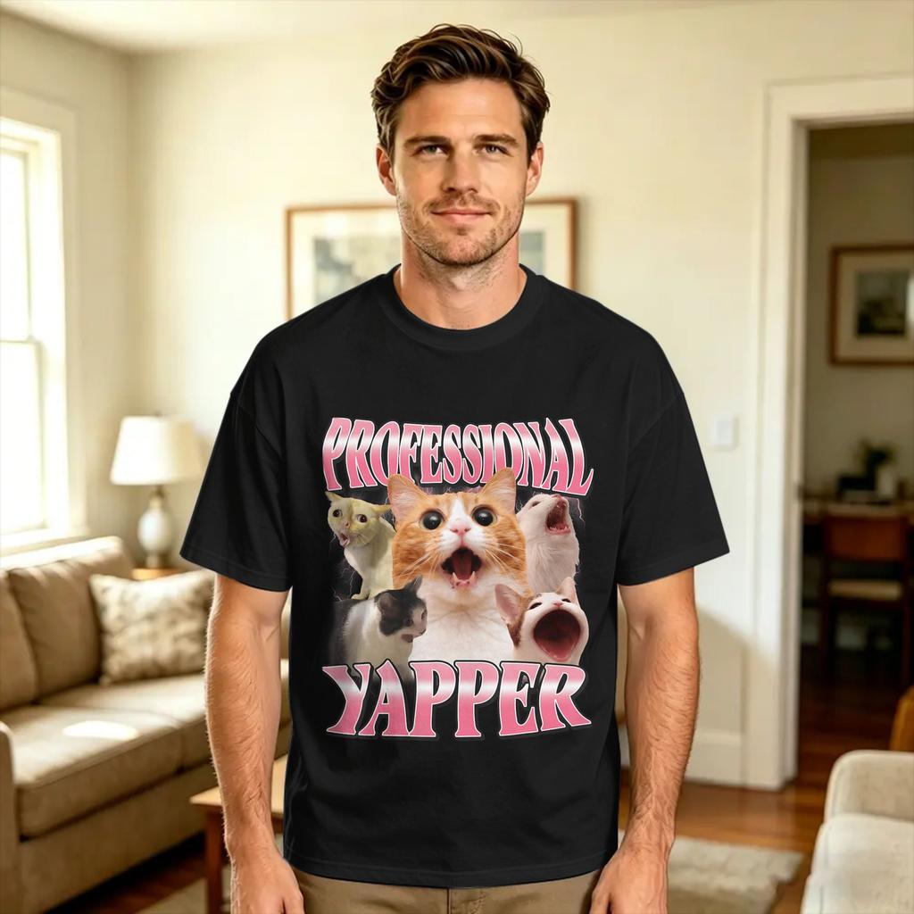 Professional Yapper Funny Cat Meme Cotton Tshirt For Unisex Summer Vintage T Shirts Leisure Tees Plus Size Print Clothing