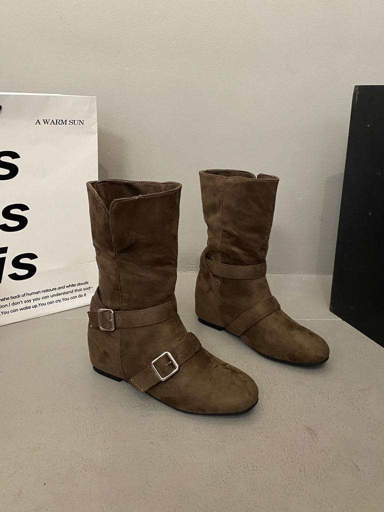 Корейская замша ретро маленький квадратный носок два способа носки отворачивающиеся толстый каблук пряжка ремня короткие ботинки женские осенне-зимние ботинки Мартин короткие ботинки