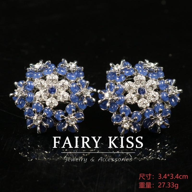 Серьги-клипсы "Снежинка", цветок, бриллиант, синий бисер, атмосфера, тяжелая промышленность, полый сплав, универсальные, легкая роскошь