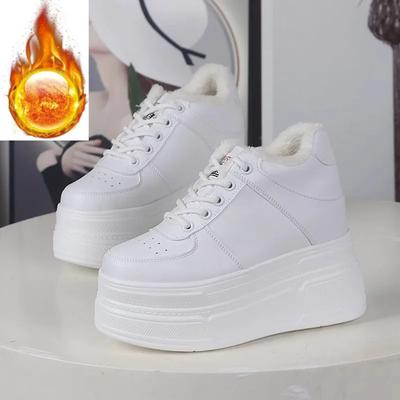 Модные 12 см Ботильоны из натуральной кожи на толстой подошве со скрытым каблуком, Вулканизированные, Зимние плюшевые, Осенние, Весенние туфли