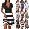Женские повседневные платья модной длины с V-образным вырезом, коротким рукавом, в стиле пэчворк с полосатым принтом