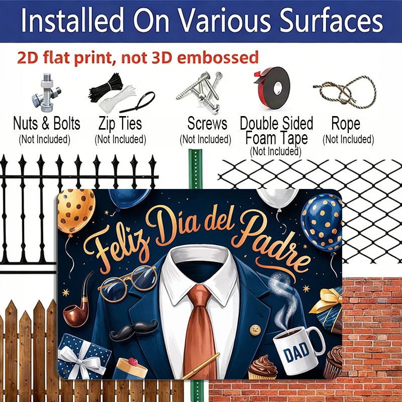 2D Flat, 1pc "Feliz Dia Del Padre" Spanish Father's Day Plaque - Navy Blue & Gold Decor Sign with Suit & Tie, Father's Day Theme - Aluminium Wall