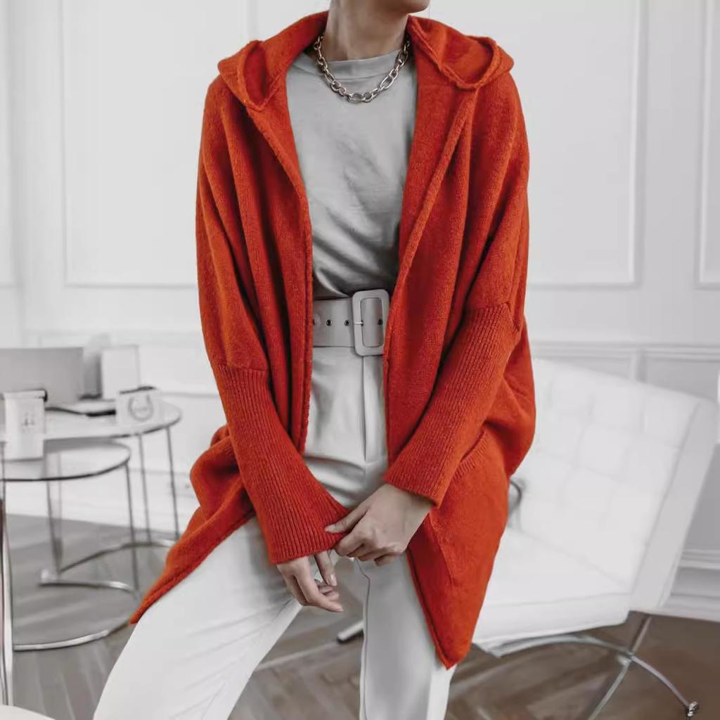 Женский осенне-зимний вязаный джемпер большого размера с карманами и капюшоном, темпераментный пригородный вязаный джемпер