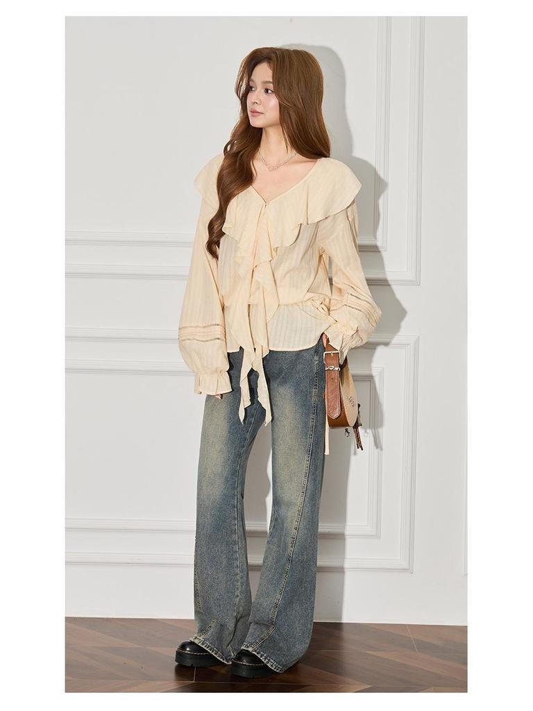 Women's French Apricot Ruffle V-Neck Lantern Sleeve Top