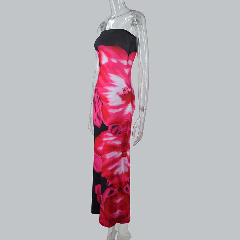 European & American Style Sexy Slim Fit Strapless Printed Long Dress with Side Slit for Women