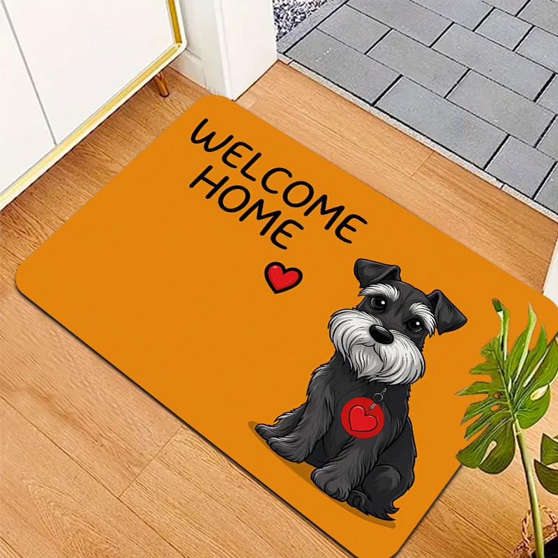 Heartwarming Cute 1pc Orange Background Schnauzer Welcome Door Mat Fleece Thick Plush Material - Sponge Thickness 1.02 cm Adorable Dog Heart Welcome H