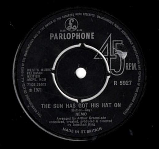 7-дюймовая пластинка NEMO The Sun Has Got His Hat On R5927 Parlophone 1971 UK Поп Б/у