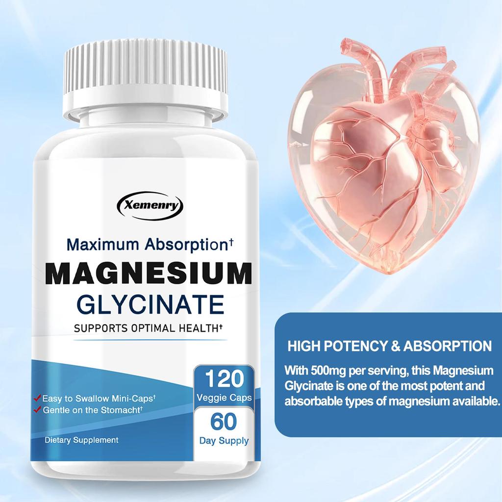 Magnesium Glycinate 500mg Capsules, Maximum Absorption Magnesium Supplement for Nerves Muscles Heart Mood