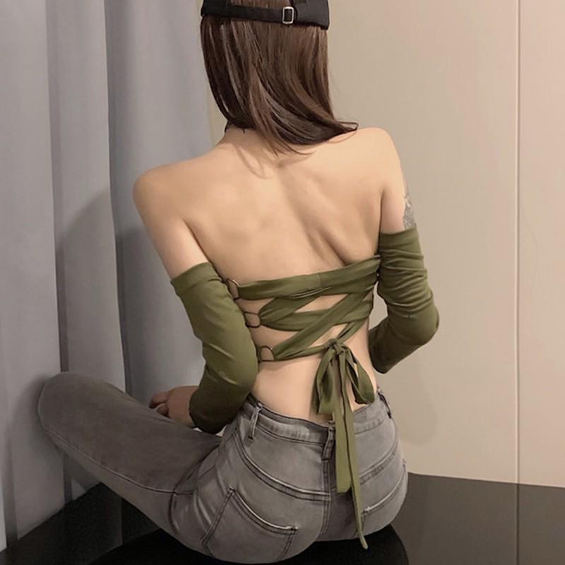 Женская темпераментная однотонная футболка с длинным рукавом, сексуальный укороченный топ с открытыми плечами и вырезом под горло, женская повседневная футболка с открытой спиной и бандажом