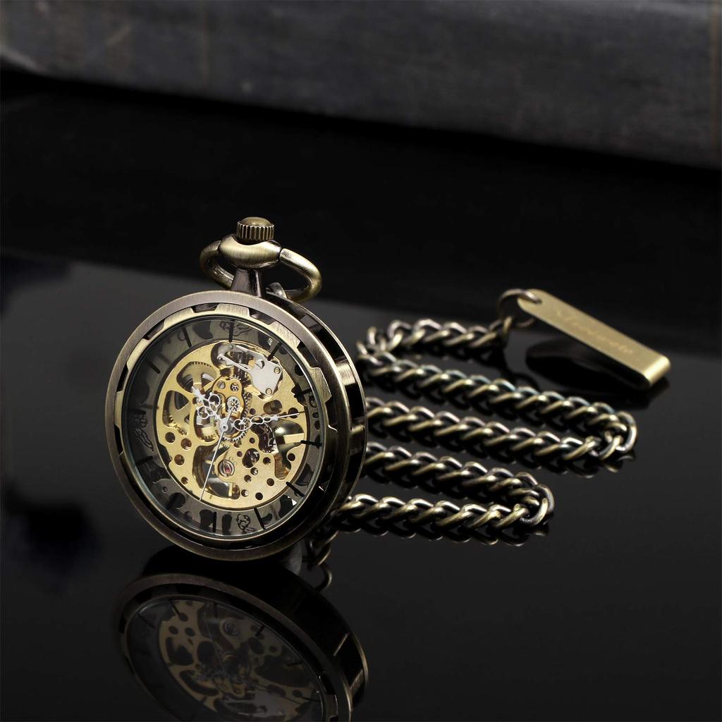 TREEWETO Старинные механические карманные часы-скелетон с цепочкой и ручным заводом для мужчин (бронза)