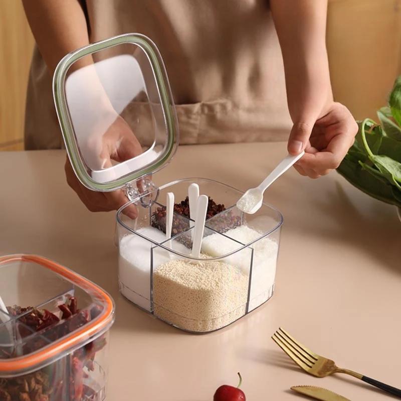 Kitchen Seasoning Box 4Grids Sealed Clear Lid Home Salt Storage Container Spice Can Chili Powder Jar Sugar Bowl Pepper Condiment