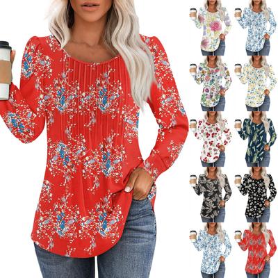 Рубашки с длинным рукавом для женщин, футболки с милым принтом и графикой, блузки, нарядные повседневные блузки, плиссированные топы-туники с овальным вырезом