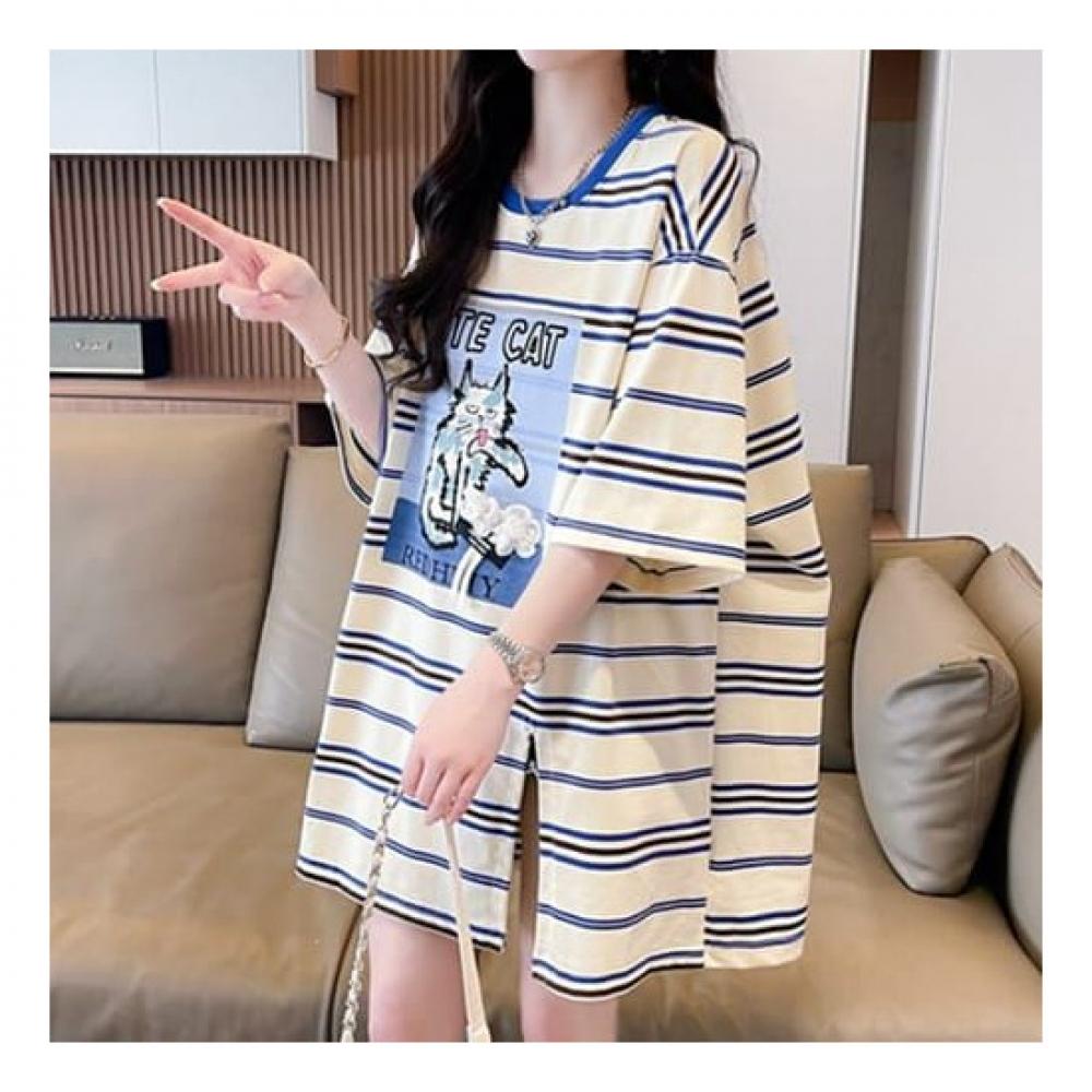 Navava CaT PrinT STripe ShorT Sleeve T shirT nT1727
