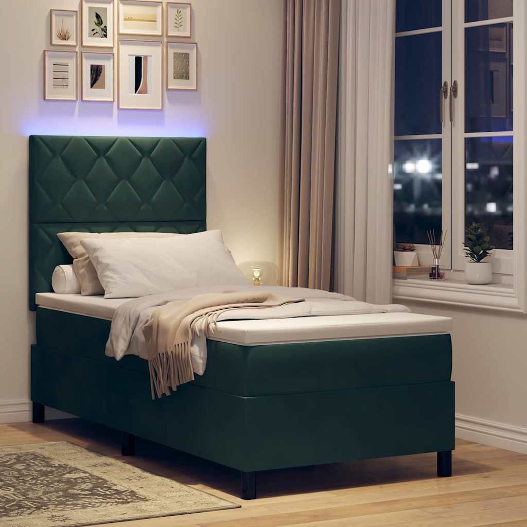 LED Box Spring Bed with Headboard Dark Green 100 x 200 cm Velvet