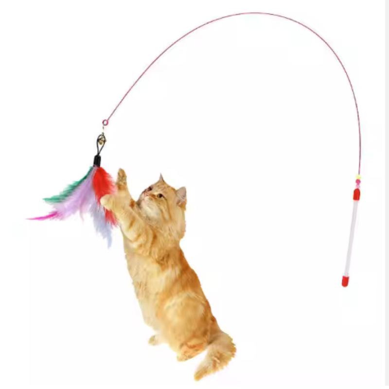 Hot Sale Steel Wire Teasing Cat Stick New Butterfly Colorful Turkey Feathers Fish Cute Bell Playing Toys Supplies