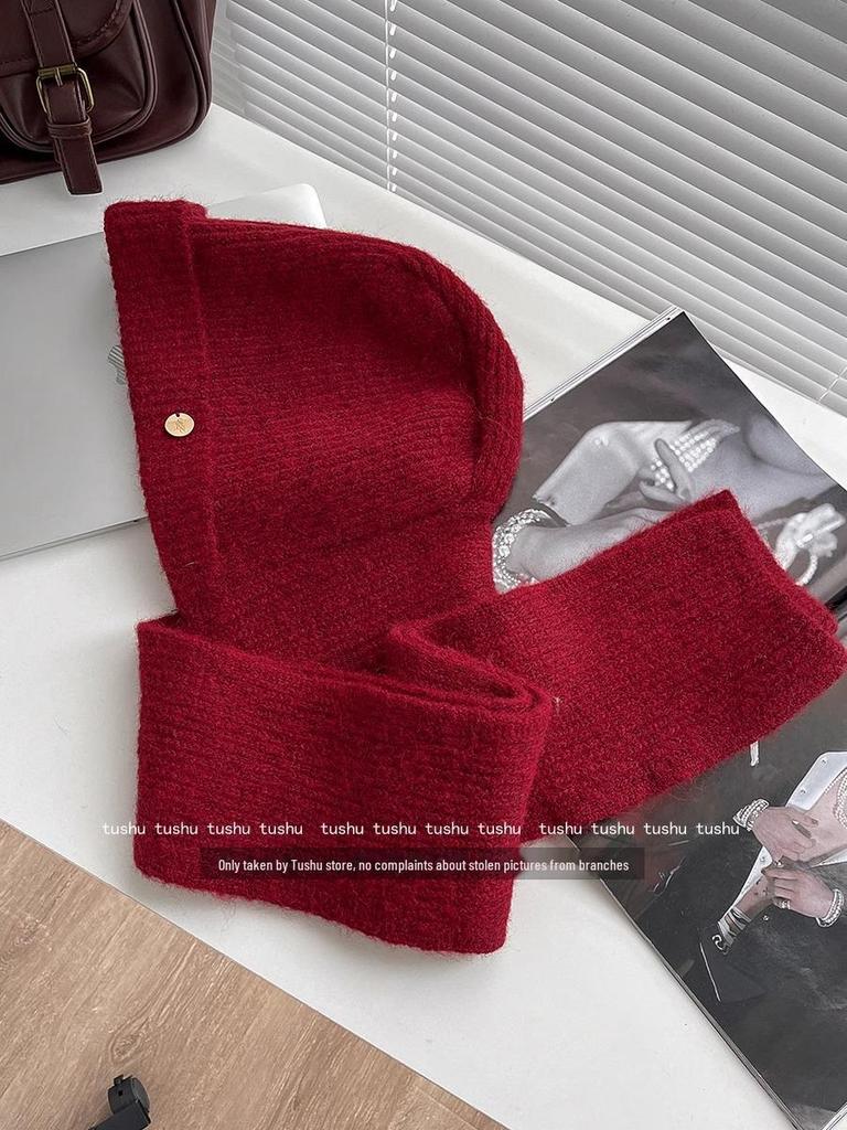 Высококачественная красная шерстяная шапка-балаклава для женщин с защитой ушей и шарфом